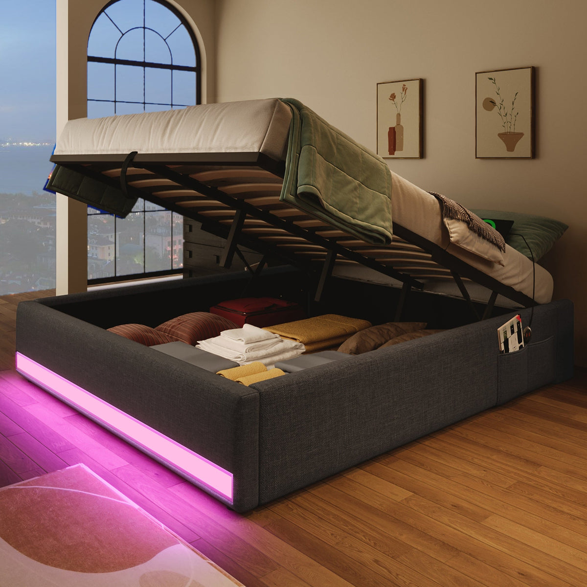 Upholstered Bed 140x200cm Hydraulic Storage LED USB/Type-C Pockets No Headboard - Grey