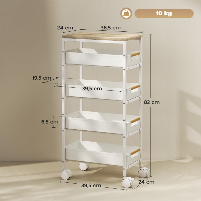 Kitchen Cart 5-Tier Rolling, 4 Drawers, White Wood Effect
