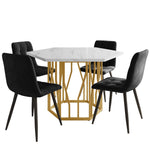 5-Piece Dining Set Hexagonal Marble Table 4 Velvet Chairs Gold Legs - Black