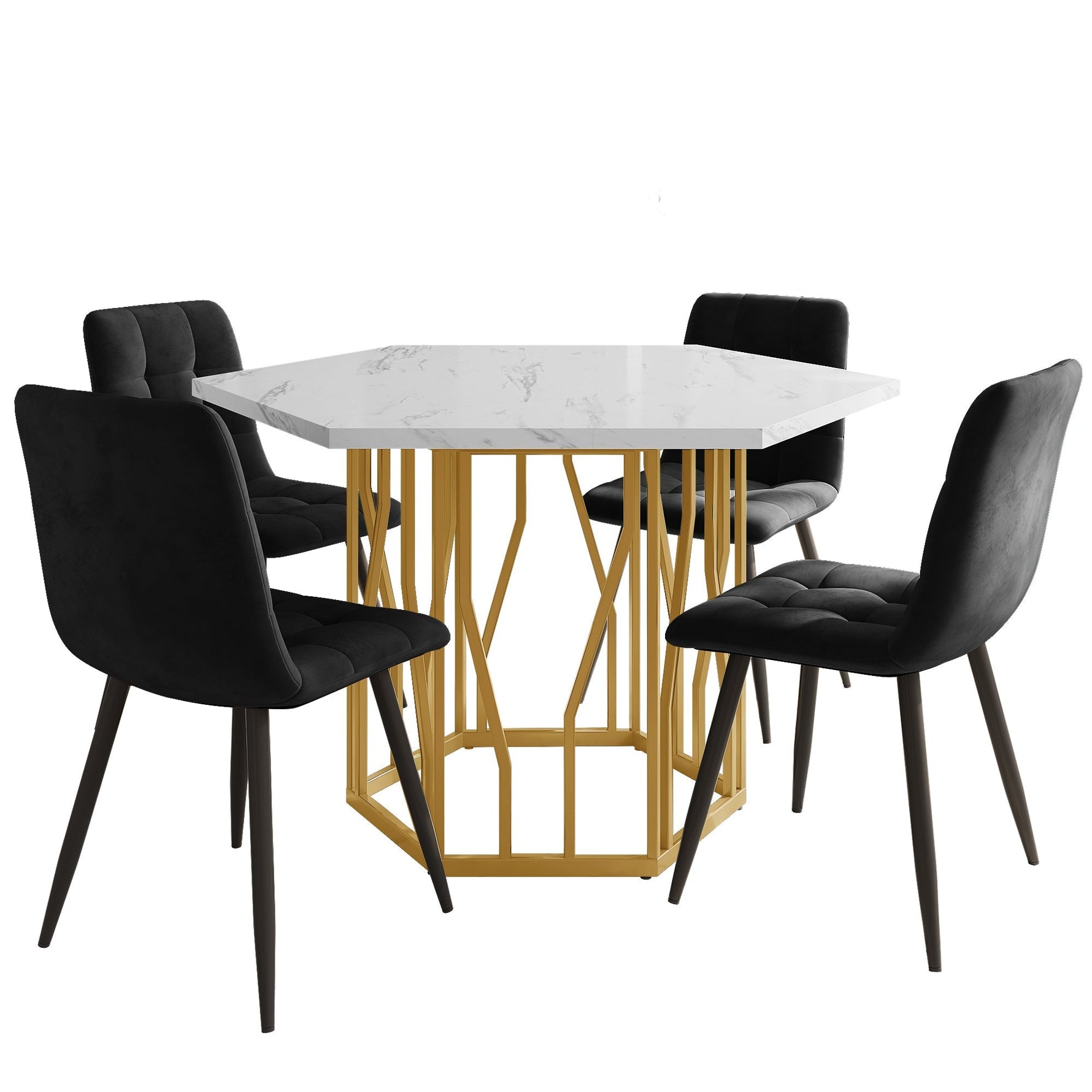 5-Piece Dining Set Hexagonal Marble Table 4 Velvet Chairs Gold Legs - Black