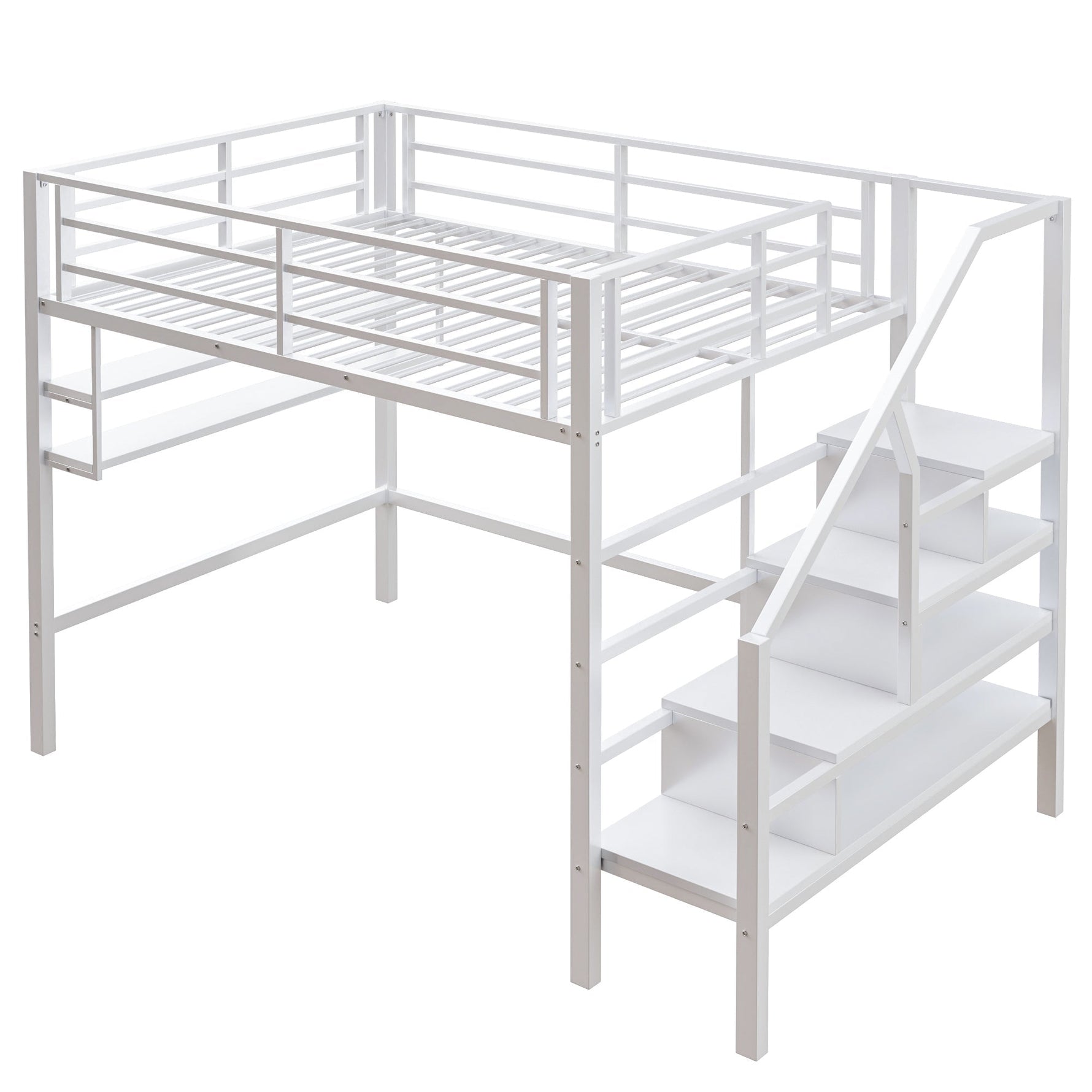 Loft Bed with Storage Ladder and Shelves, 140x200cm, White