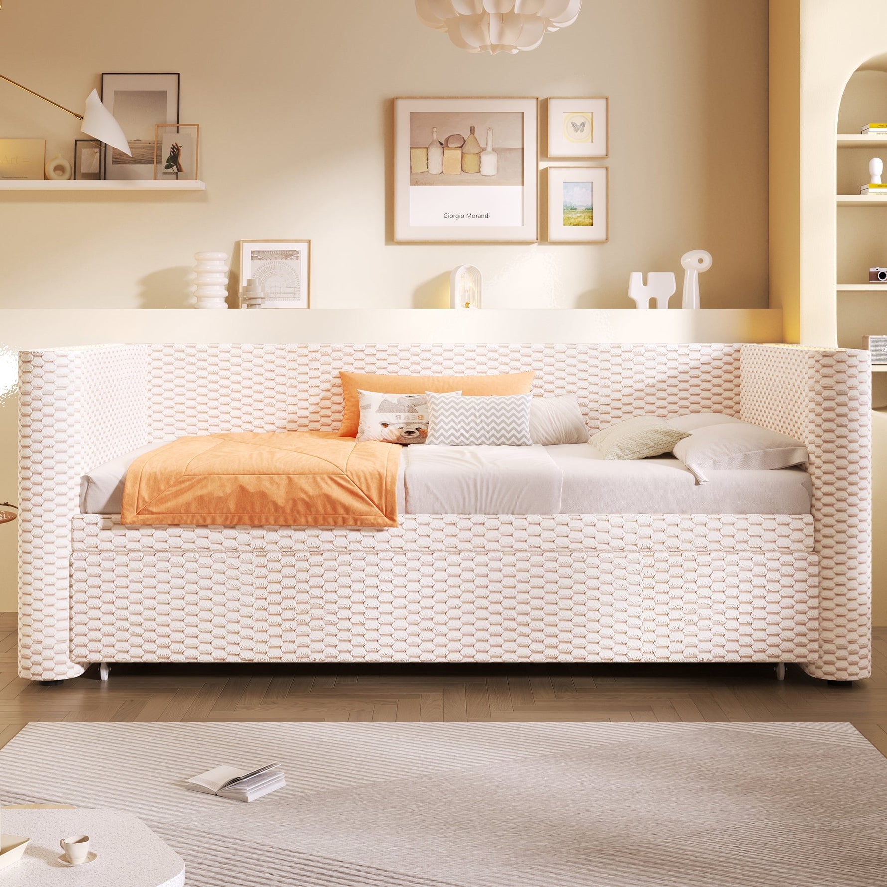 Daybed Sofa Bed 90/180x200cm Pull-out Bed Multifunctional LED Light - Velvet Beige