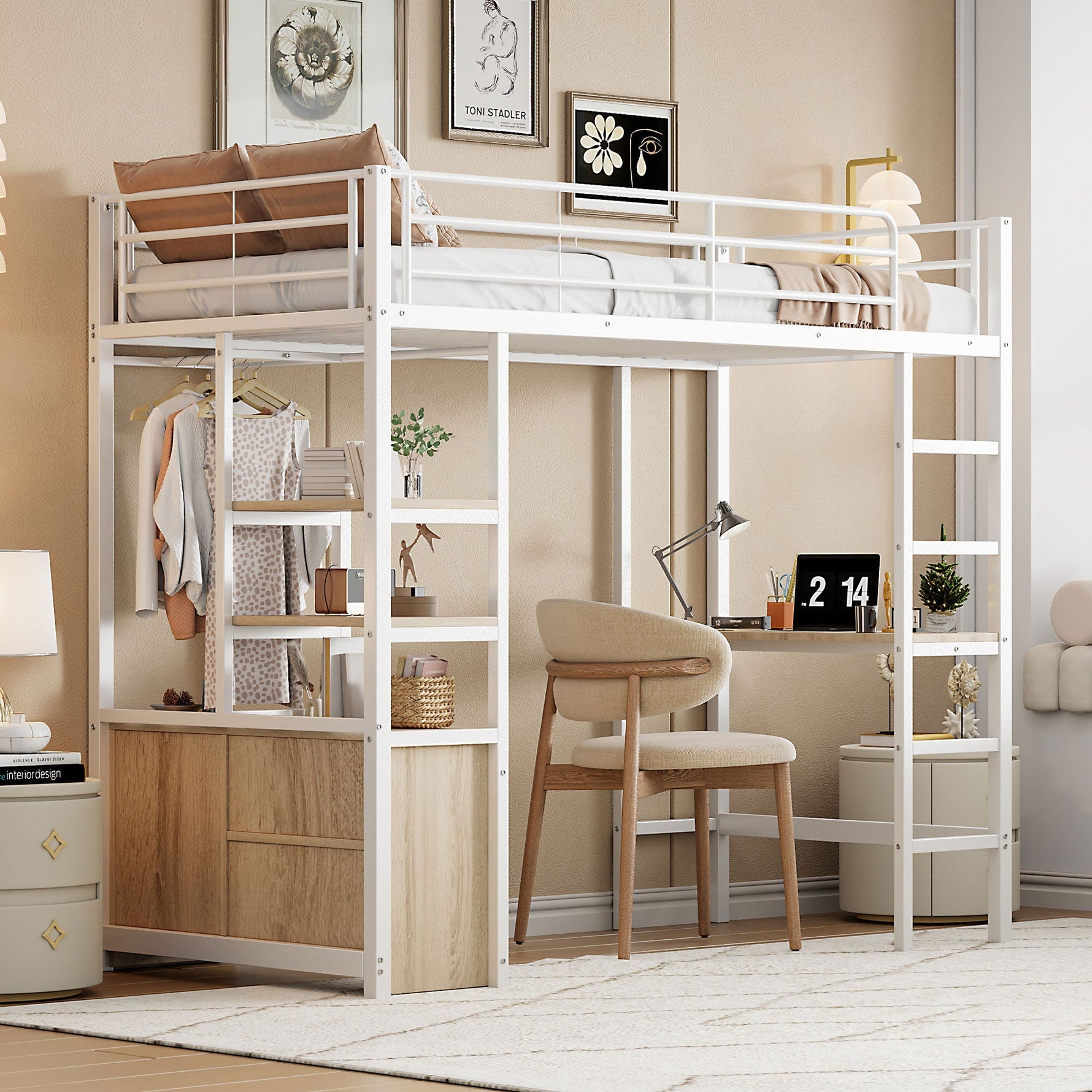 Loft Bed 90x200cm with Desk, USB/Power Outlet, Shelves & Storage - White Iron Frame