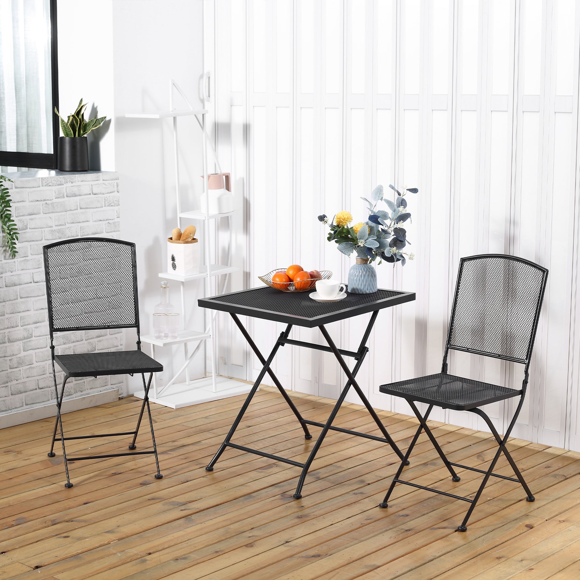 Garden Bistro Set, 3 Persons, 1 Table, 2 Folding Chairs, Metal Grey