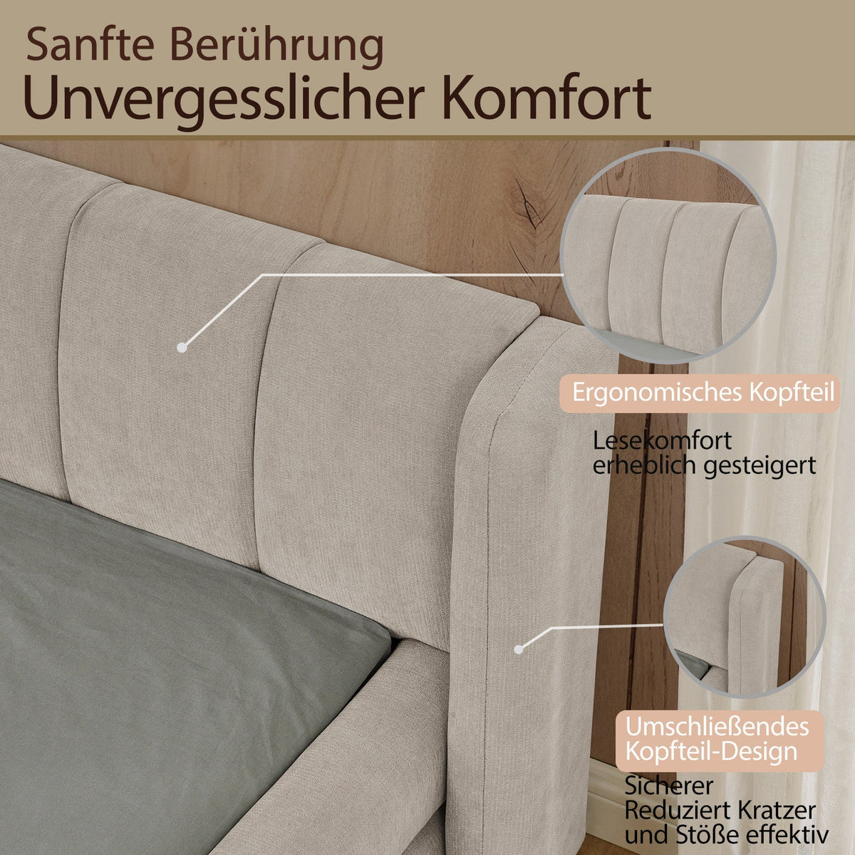 Double Bed 160x200cm Comfortable Backrest Sturdy Frame Easy Assemble Beige Chenille