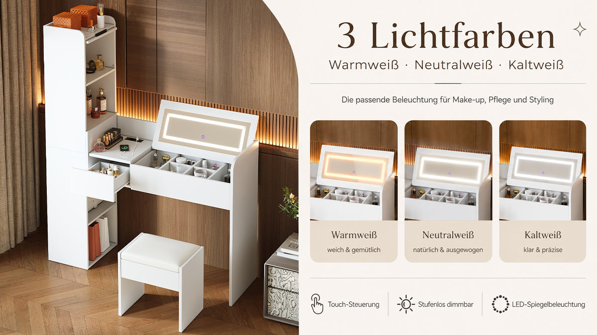 Dressing Table with LED Mirror, USB Charging & Stool, White