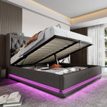 Upholstered Bed, Double 160x200cm Hydraulic Storage with USB & LED, Gray Cotton