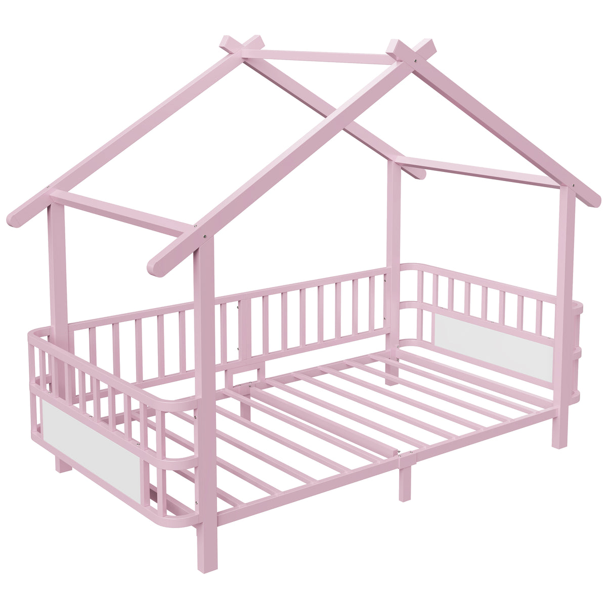 House Children's Bed Frame 90x200cm with Safety Rail, Pink Metal