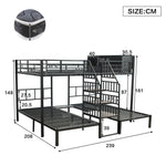 Iron Bunk Bed 3-Sleeper with Storage Stairs 90x200/140x200cm, Black