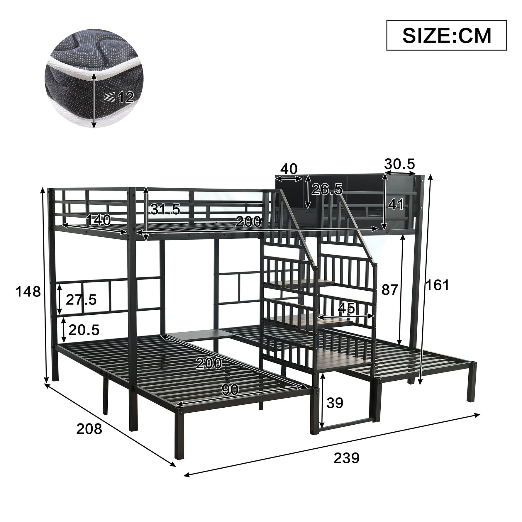 Iron Bunk Bed 3-Sleeper with Storage Stairs 90x200/140x200cm, Black