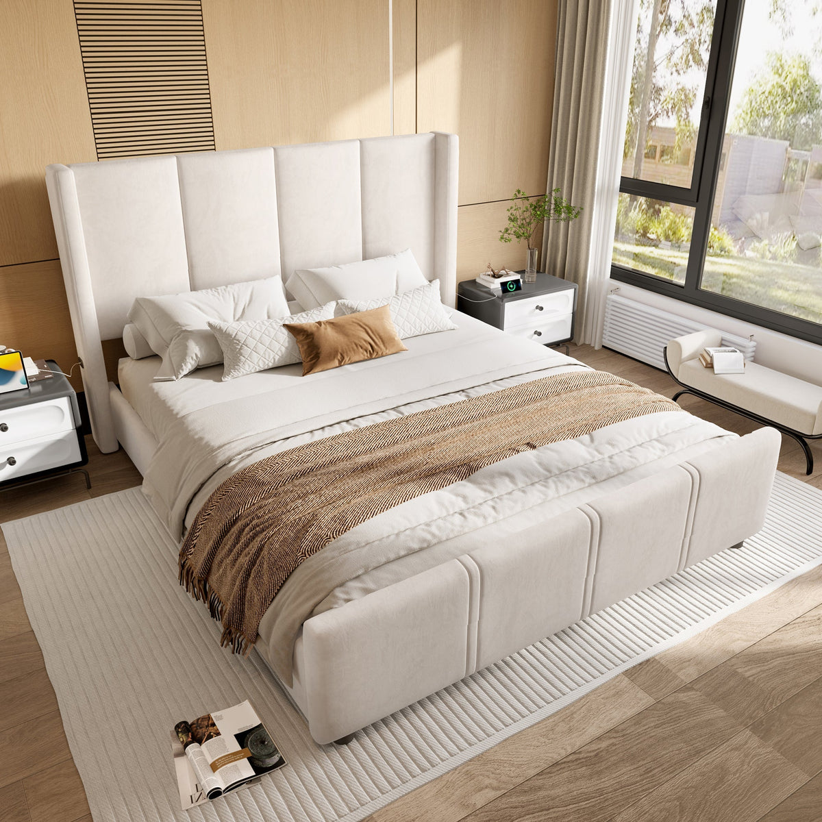 Upholstered Bed Frame, Modern with USB Port, Iron & Wood, Beige