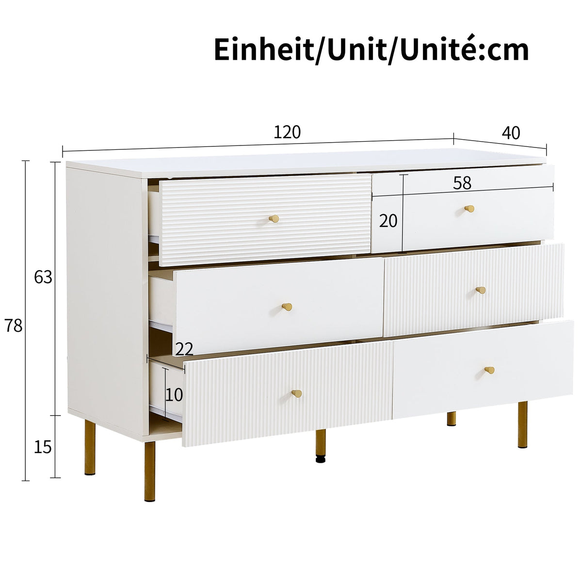 Chest of Drawers, 6-Drawer Storage with Steel Legs, White MDF