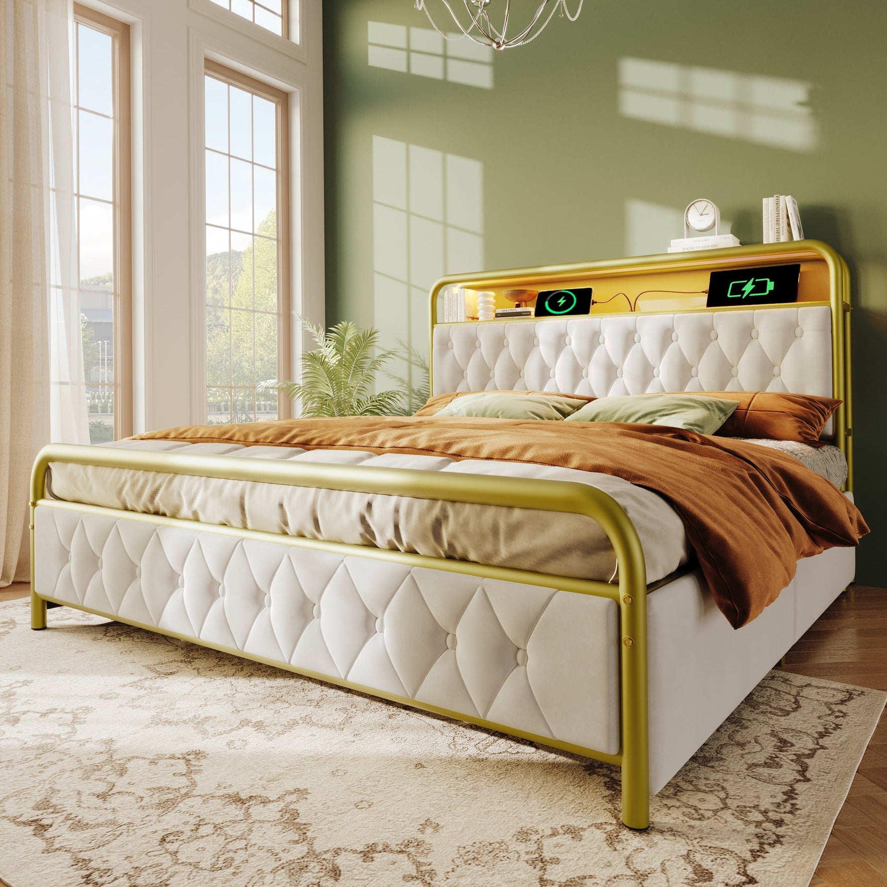 Upholstered Double Bed, USB-C Charging, APP-Control LED, 4 Drawers, Velvet