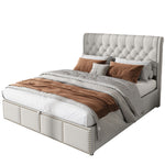 Cotton-Linen Upholstered Bed 160x200cm with Storage, Light Grey
