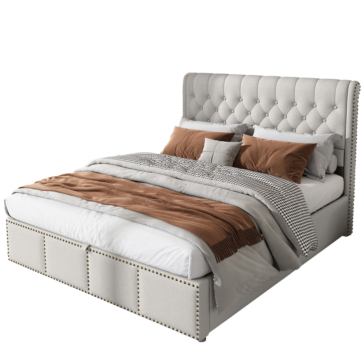 Cotton-Linen Upholstered Bed 160x200cm with Storage, Light Grey