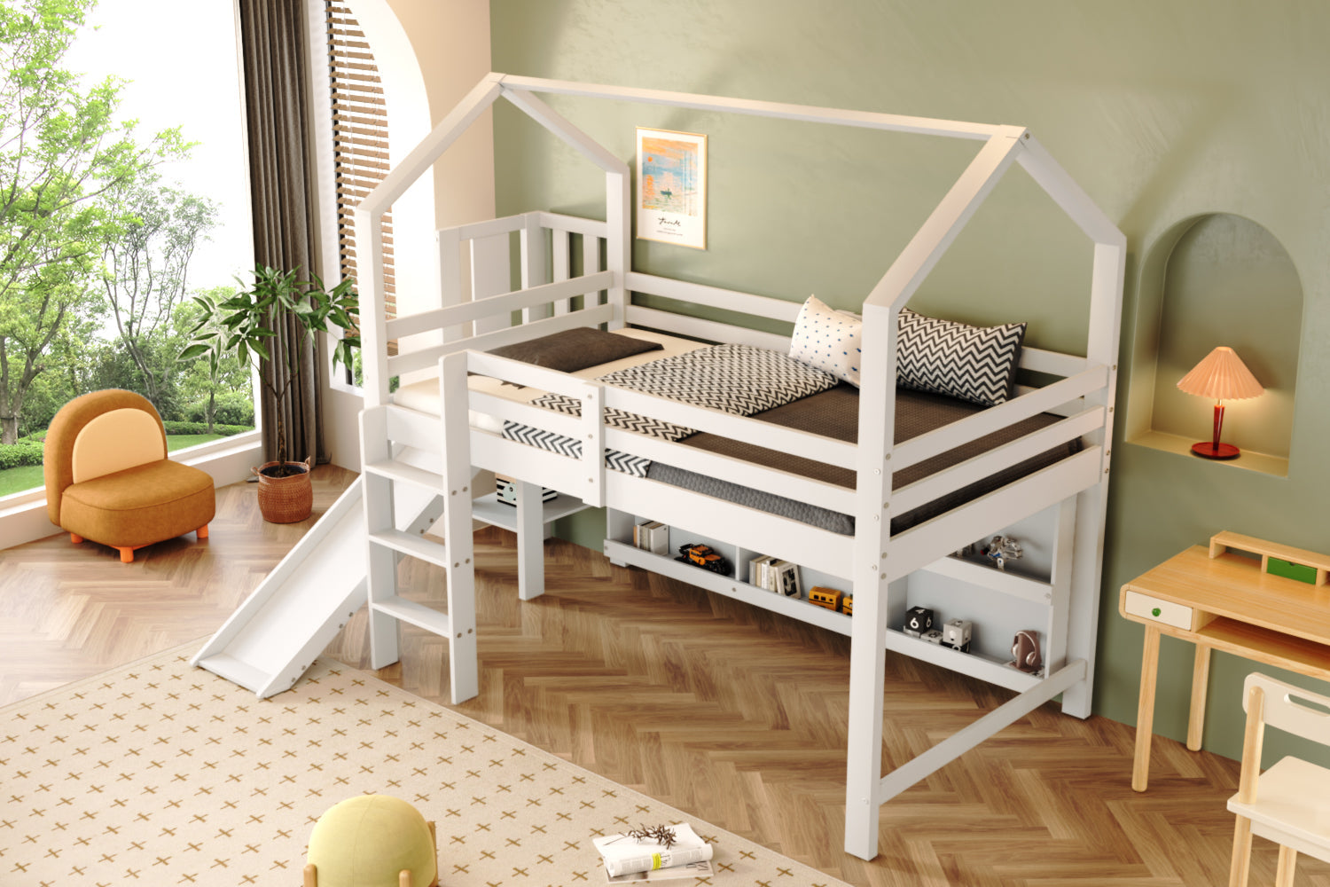 Multifunctional Children's Single Bed with Slide, Stairs and Storage, White Solid Wood and MDF