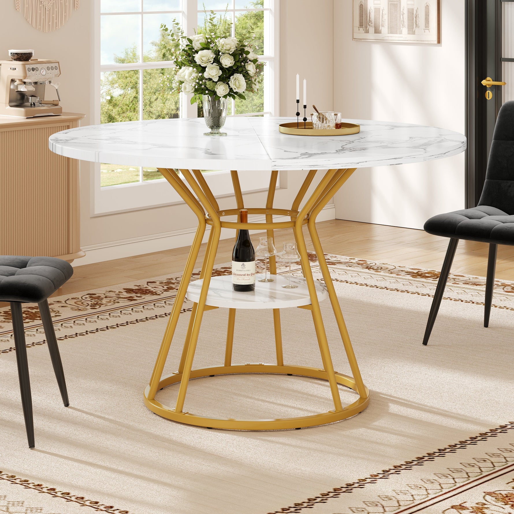 5-Piece Round Dining Table Set with 4 Velvet Chairs and Marble Top, Black