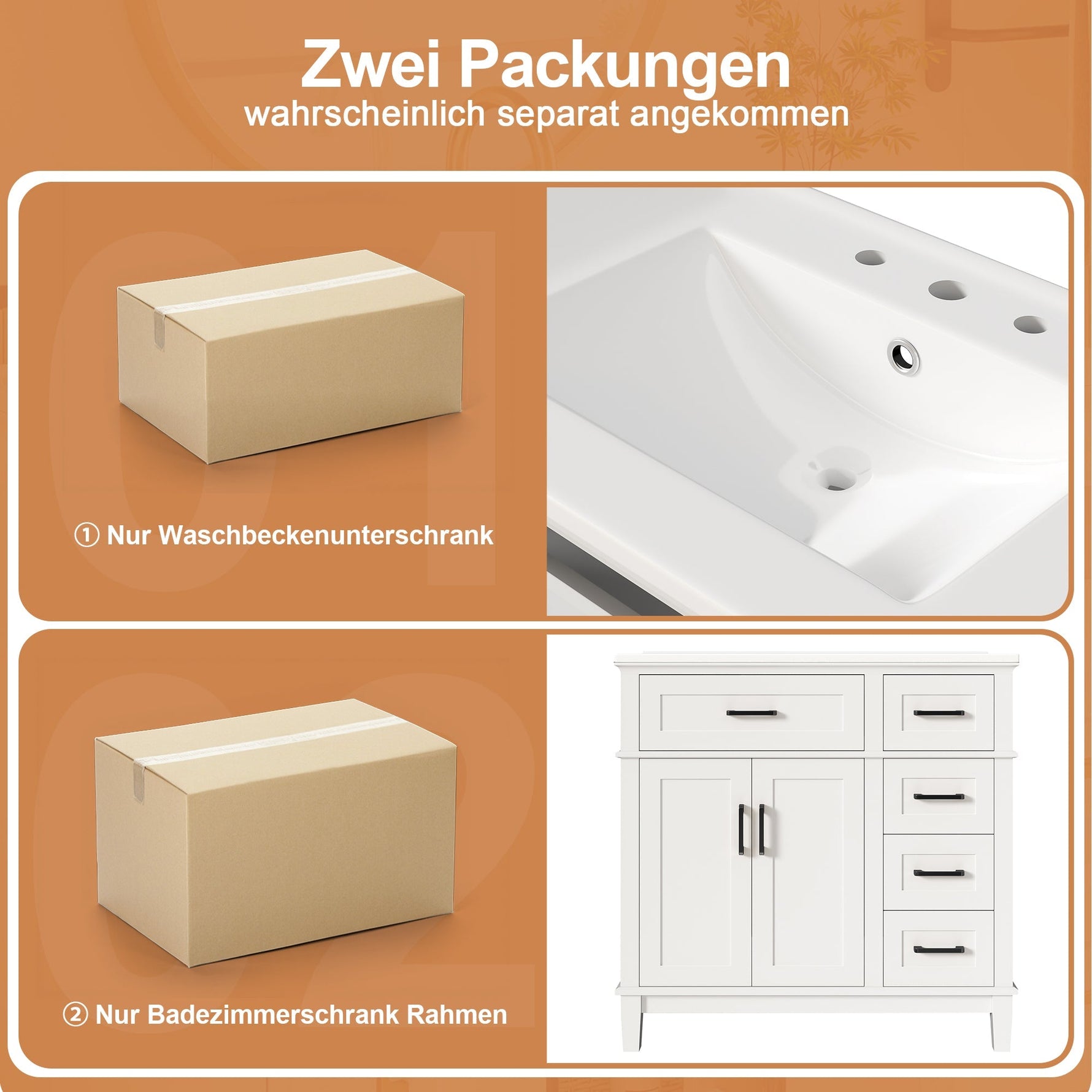 Bathroom Vanity Unit with Ceramic Sink and Soft-Close Drawers, White and Black