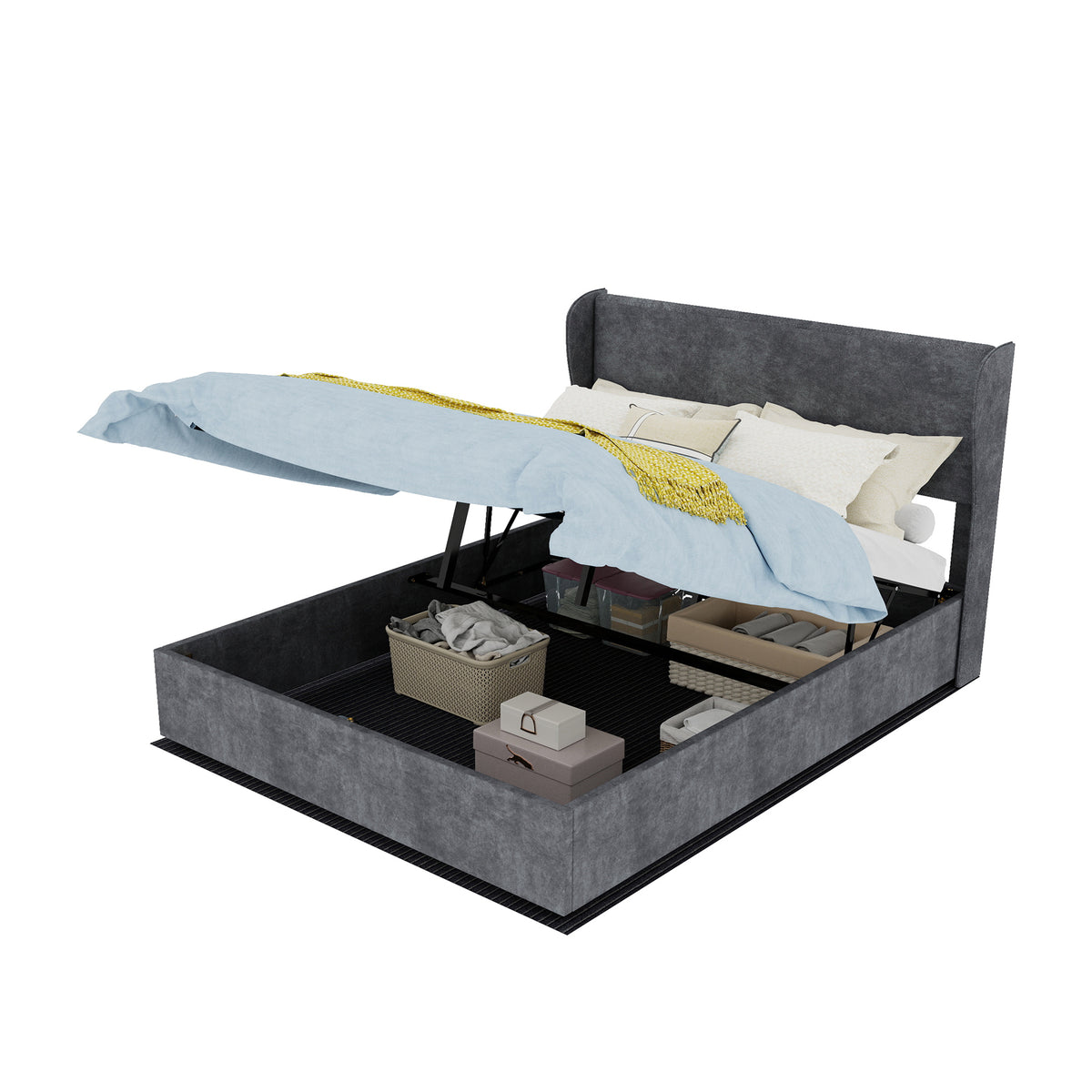 Modern Upholstered Bed 140x200 cm Gas Lift Storage, Grey