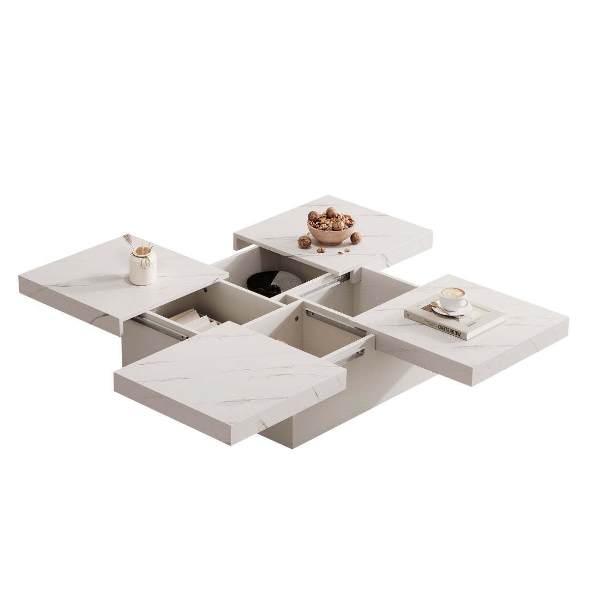 Modern white square coffee table, 90 x 90 x 25 cm with four drawers, sliding tabletop, 30 kg load capacity, marble look