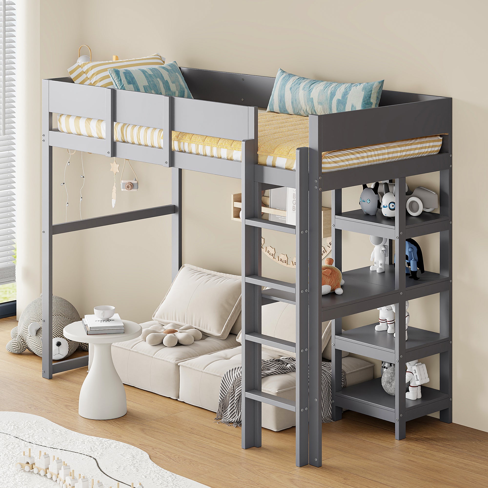 Loft Bed with Storage, 90x200cm, Slatted Base, Solid Pine Wood Grey