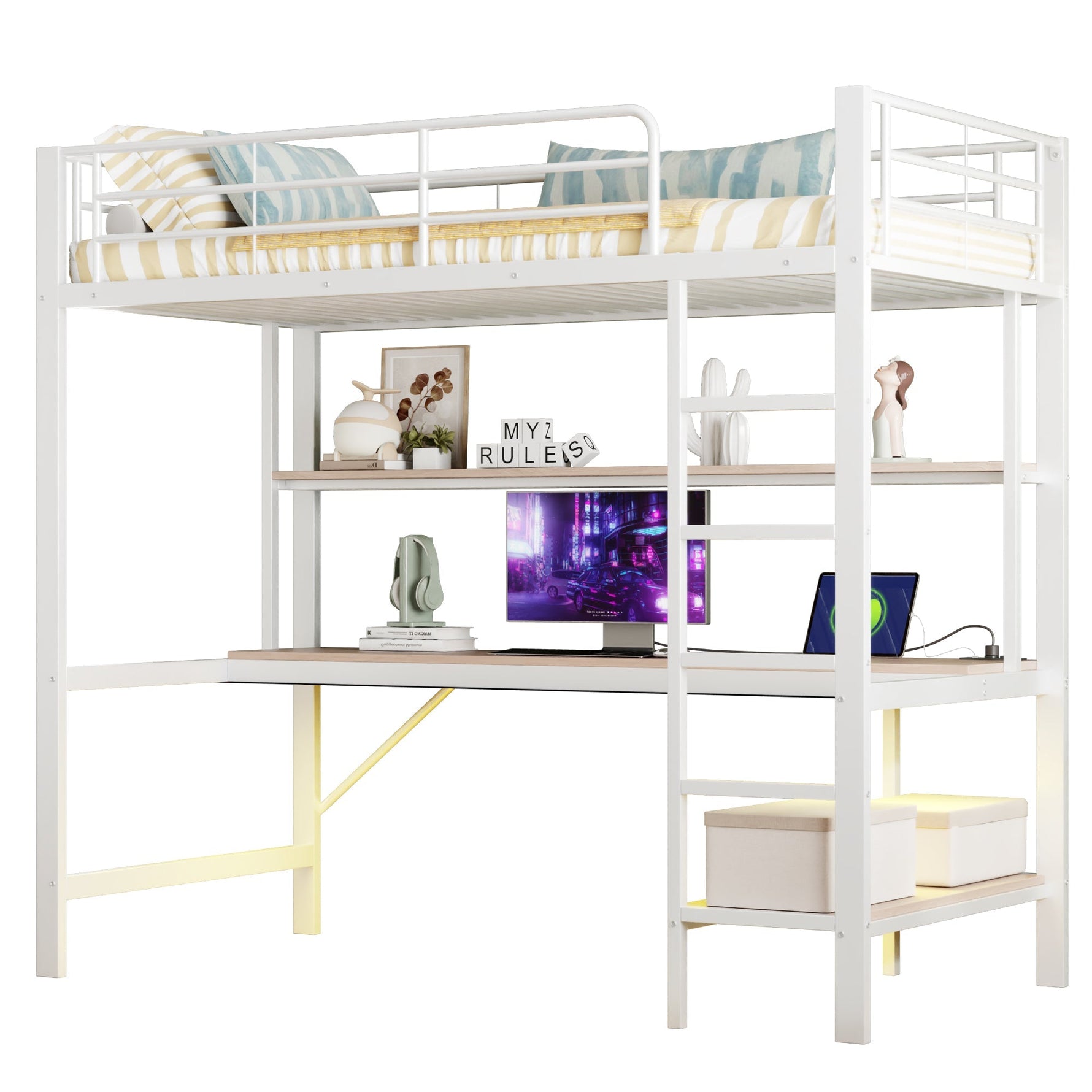 Loft Bed 90x200cm with Desk, Multi-Tiered Shelf, Ladder, USB, and LED Lights, Metal White