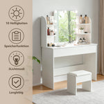 Dressing Table with Stool, LED Lighted Mirror, White