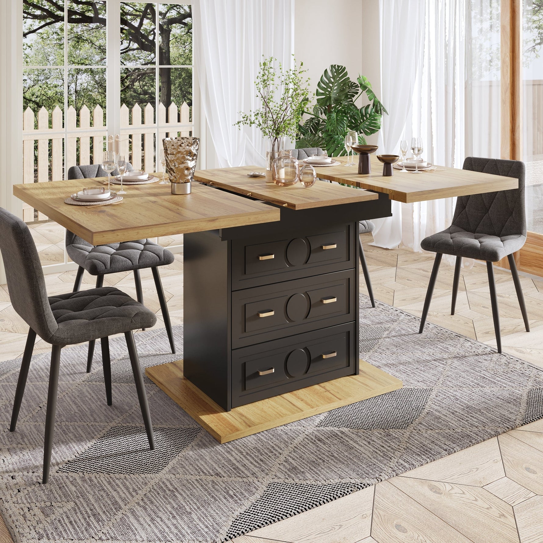 Extendable Dining Table 110-140x80cm 6 Person - Wood Grain