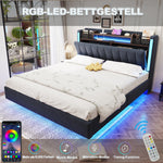 Upholstered Bed, 140x200, LED & USB, Storage Headboard, Floating Design, Grey Linen