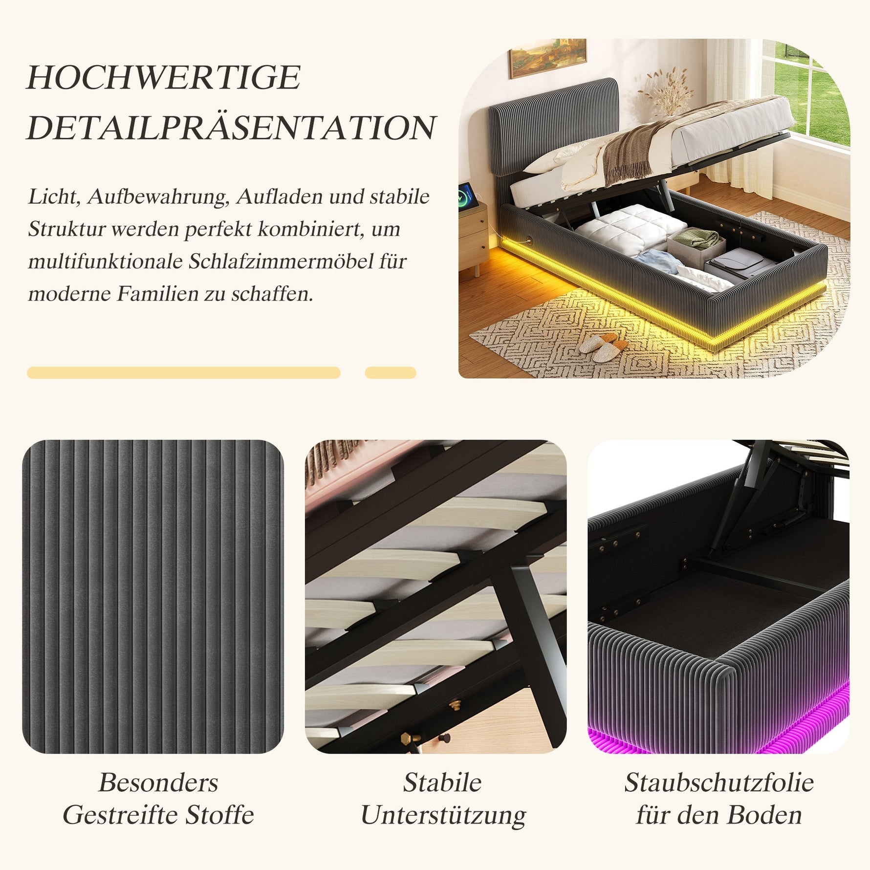 Modern Upholstered Bed with LED, USB-C Charging and Storage, 90x200, Gray Corduroy