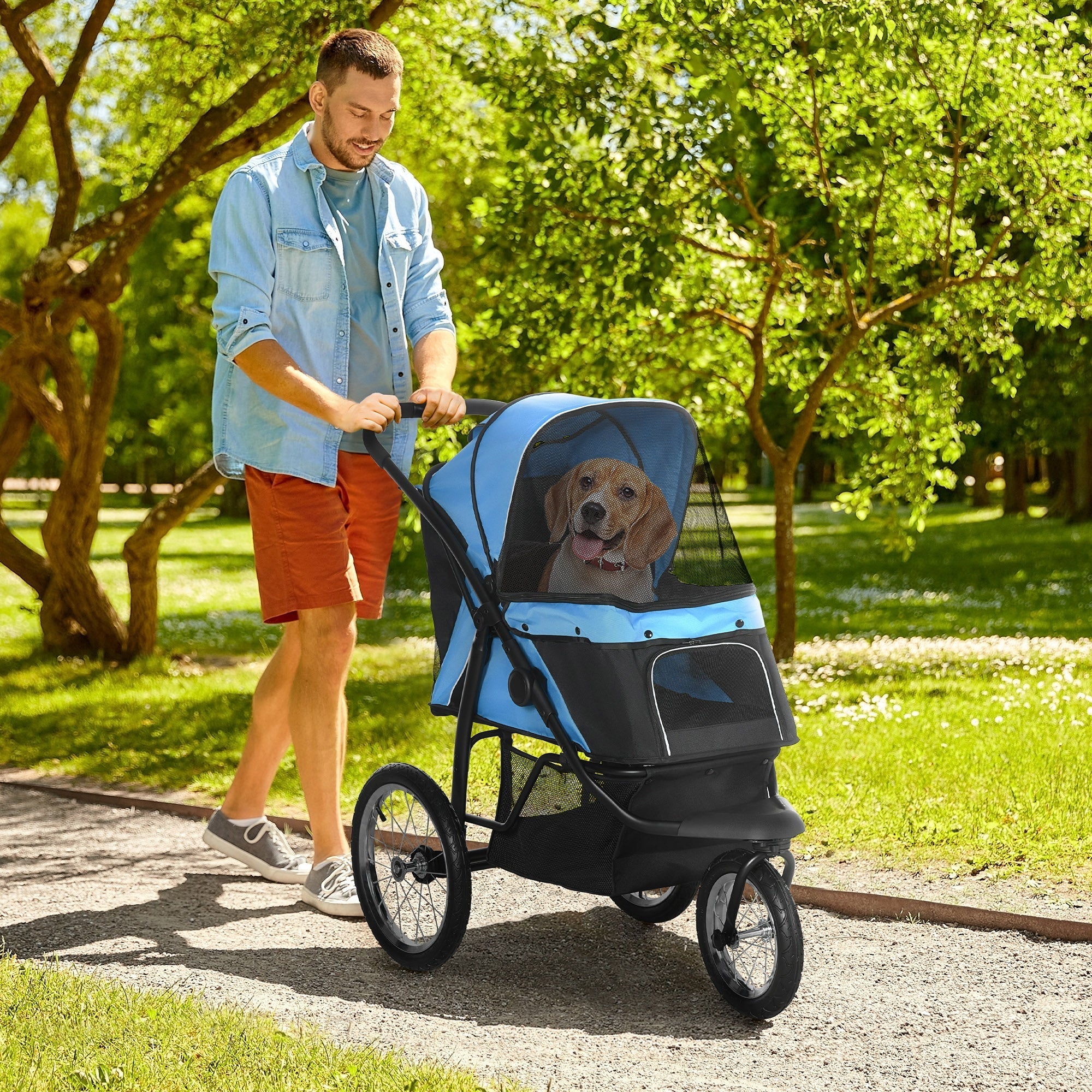 Dog Buggy, Foldable, Storage Basket, Sunshade, Blue Oxford
