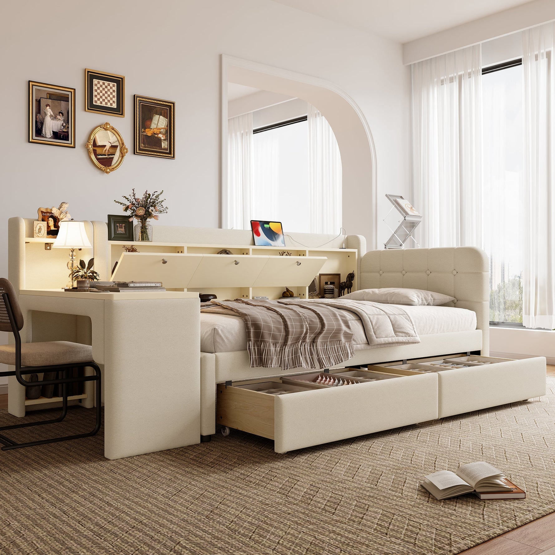 Daybed with Desk and Drawers, USB Ports and Storage, Beige Linen