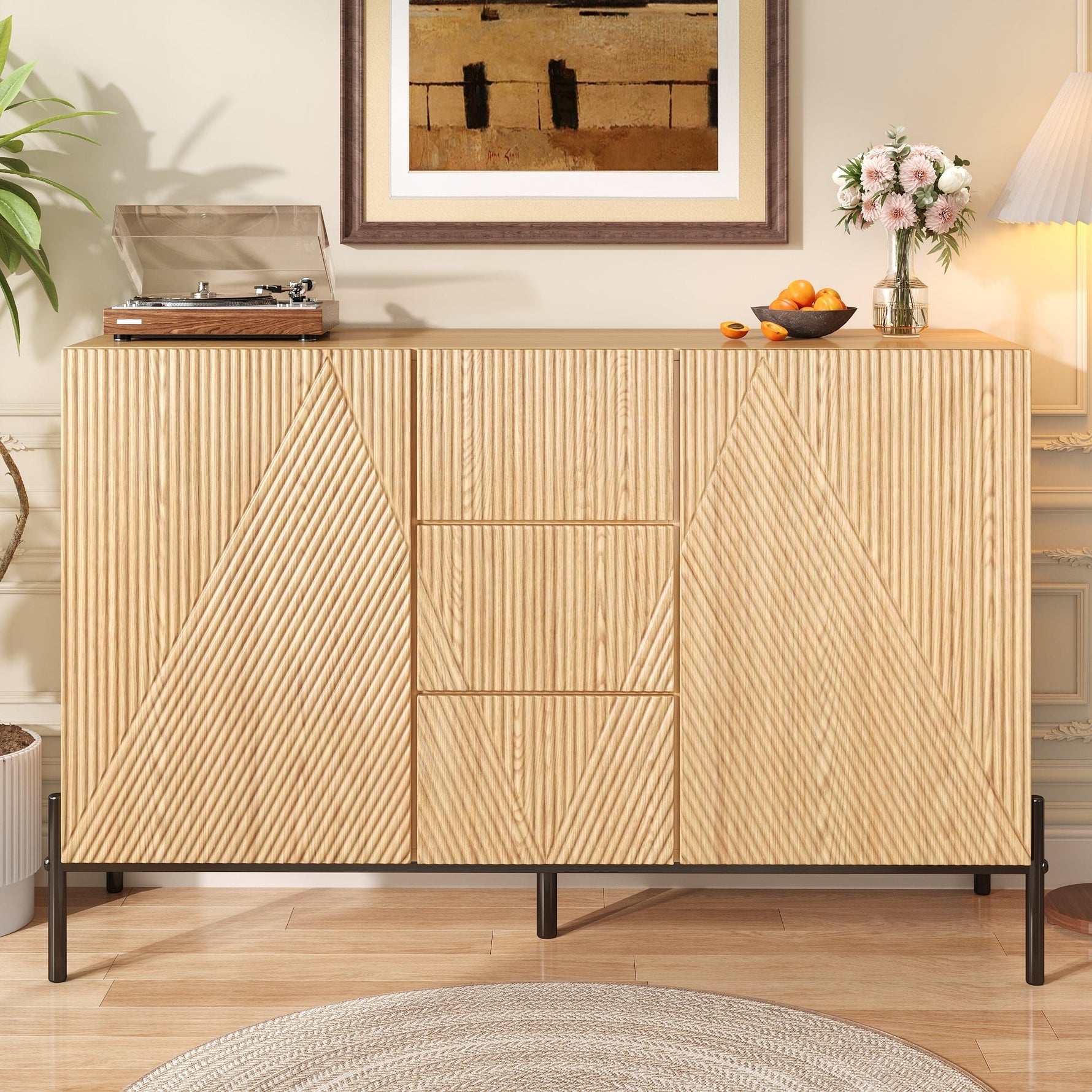 Modern Sideboard with Geometric Structure, Double Doors and Middle Drawer, Living/Dining Room Storage Cabinet