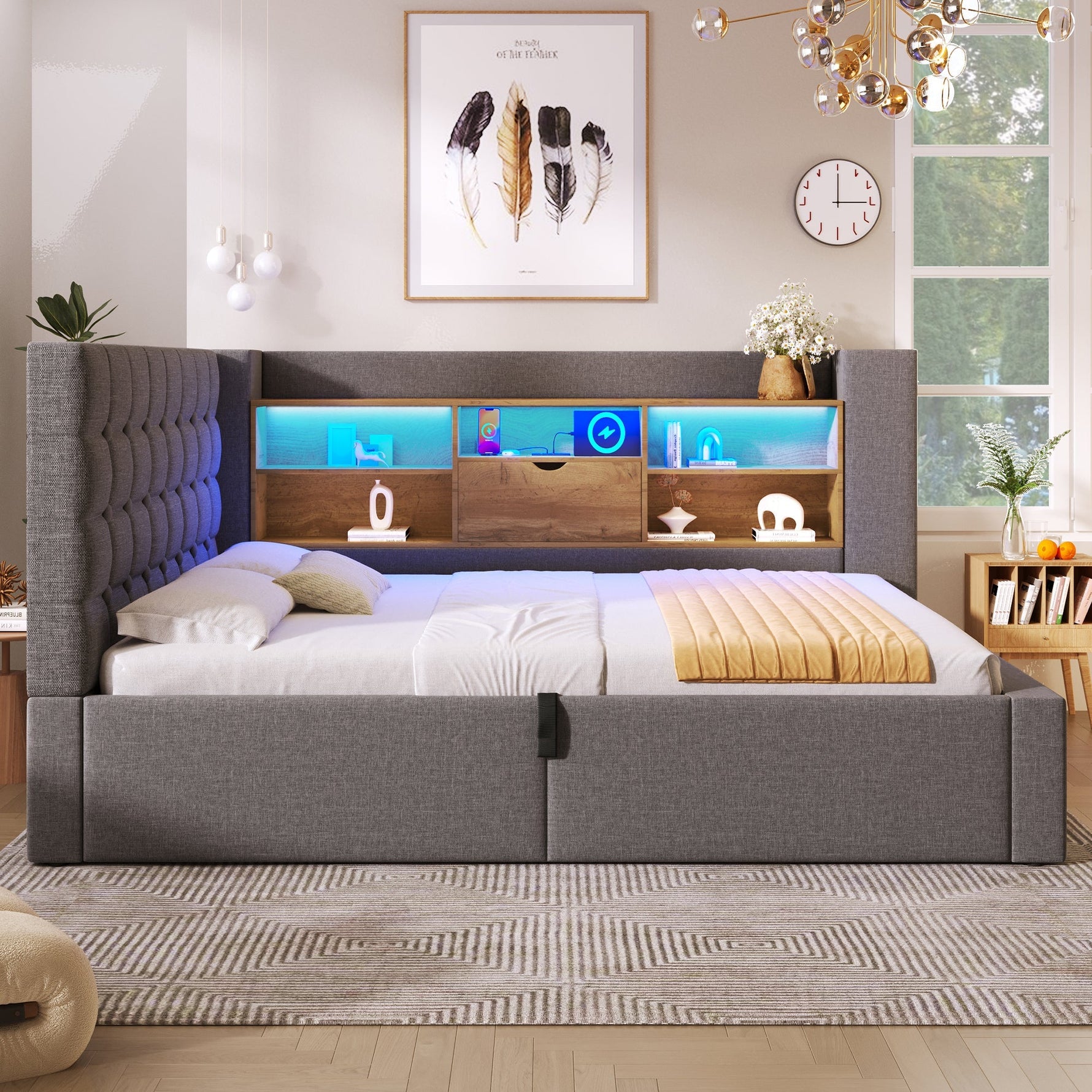 Upholstered Single Bed 90x200cm with LED, Hydraulic Storage and L-Shaped Headboard, Grey Linen Fabric (With Mattress)