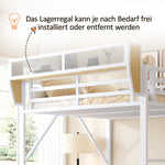 Loft Bed 140x200 with Safety Ladder & Storage, White Metal