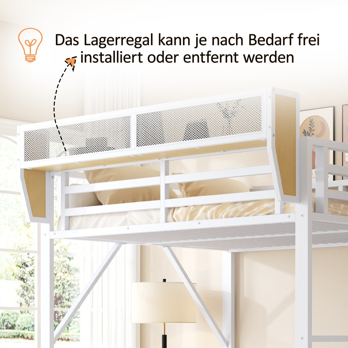 Loft Bed 140x200 with Safety Ladder & Storage, White Metal