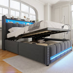 Upholstered Bed 140*200cm, LED & USB, Hydraulic Storage, Linen Fabric Grey