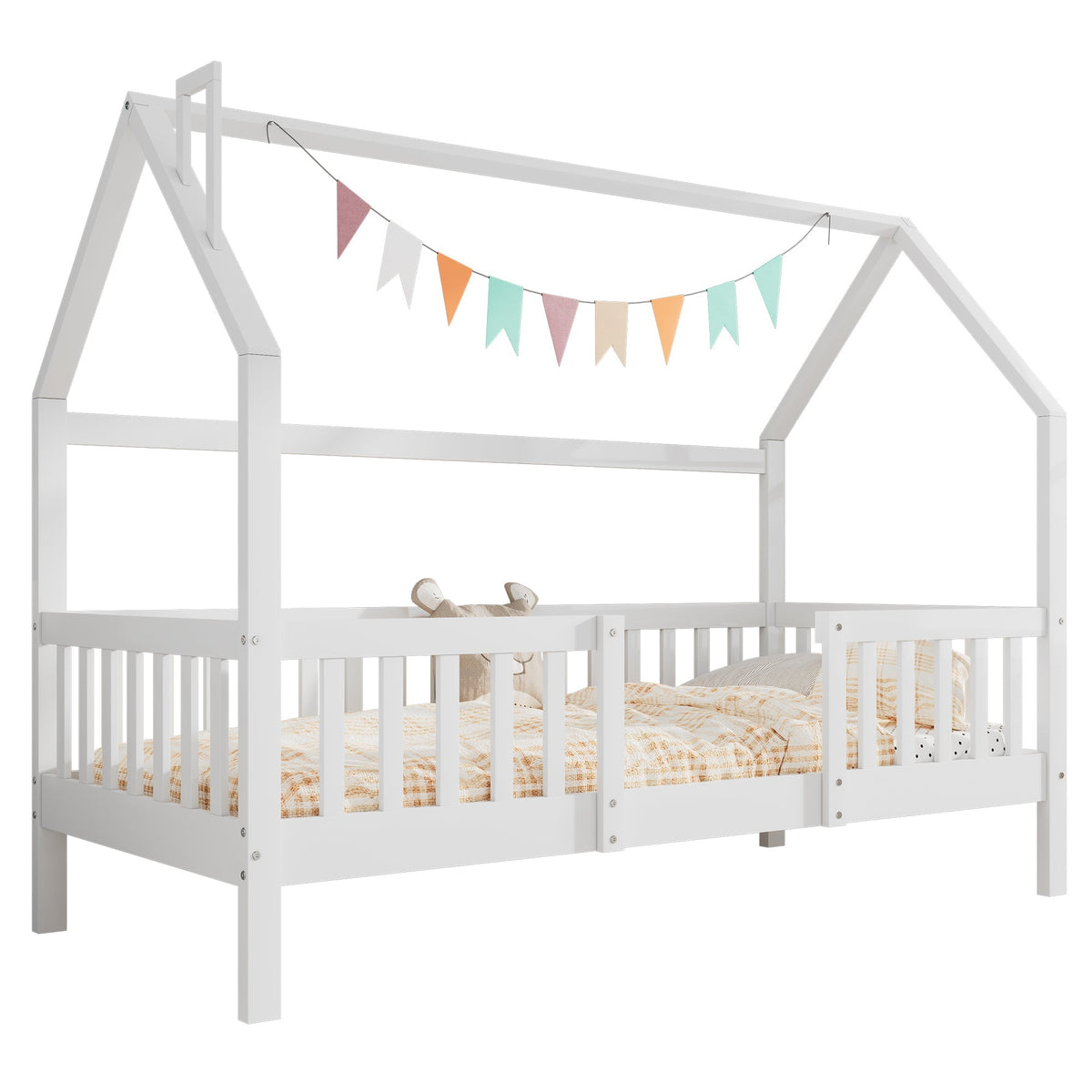 House Bed 90x200cm Chimney Slatted Base - White Pine Wood