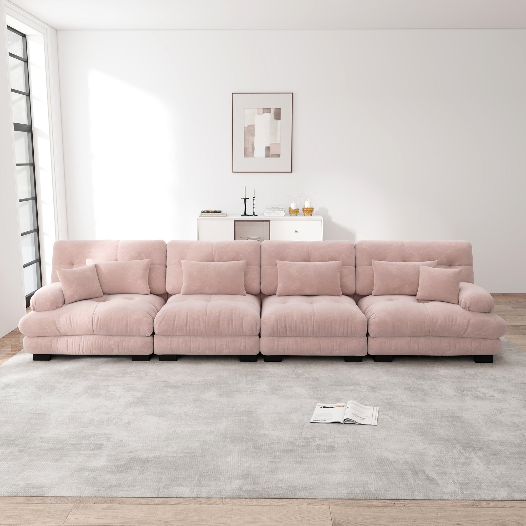 4-Seater Modular Corner Sofa, Deep Seat Sofa Bed, Chenille Pink