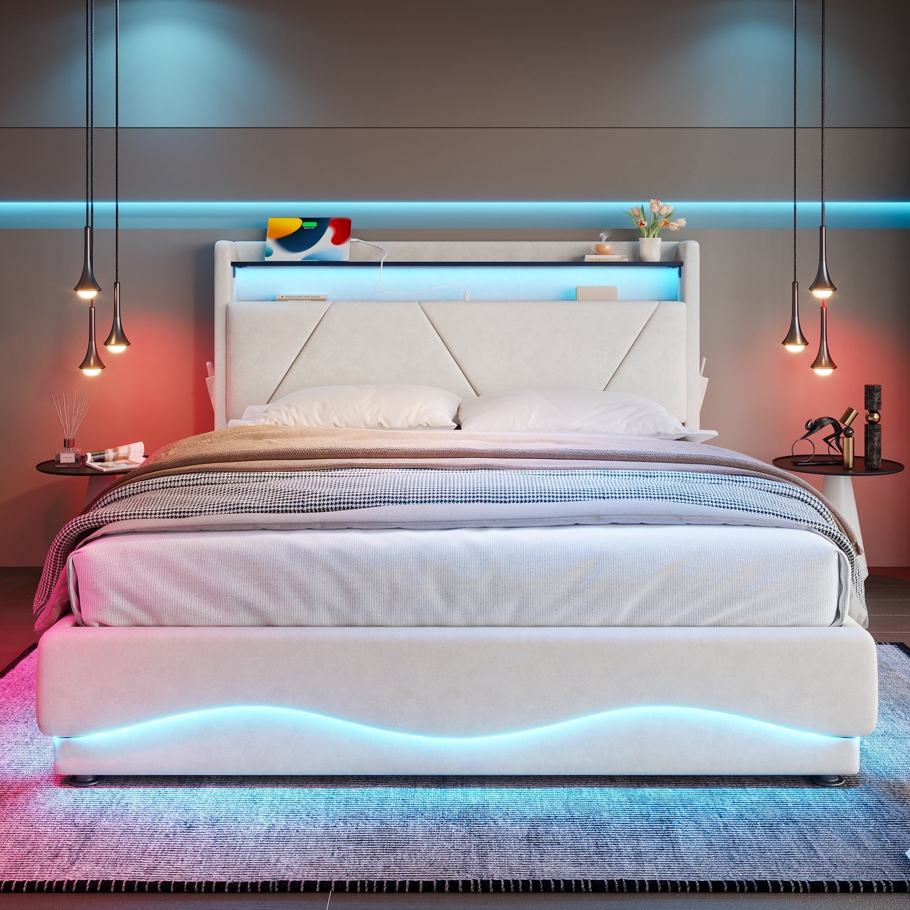 Modern Upholstered Bed 140x200cm, LED Headboard, Storage, USB Ports, Gas Spring Slatted Base