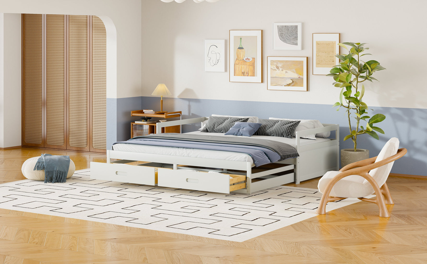 Pull-out Sofa Bed, 90/180x200 cm, Drawers & Slatted Frame, Pine Wood, White