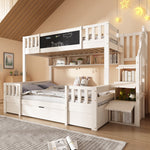 Bunk Bed for 3 Children with Chalkboard, Storage Stairs and Drawers, White Solid Wood