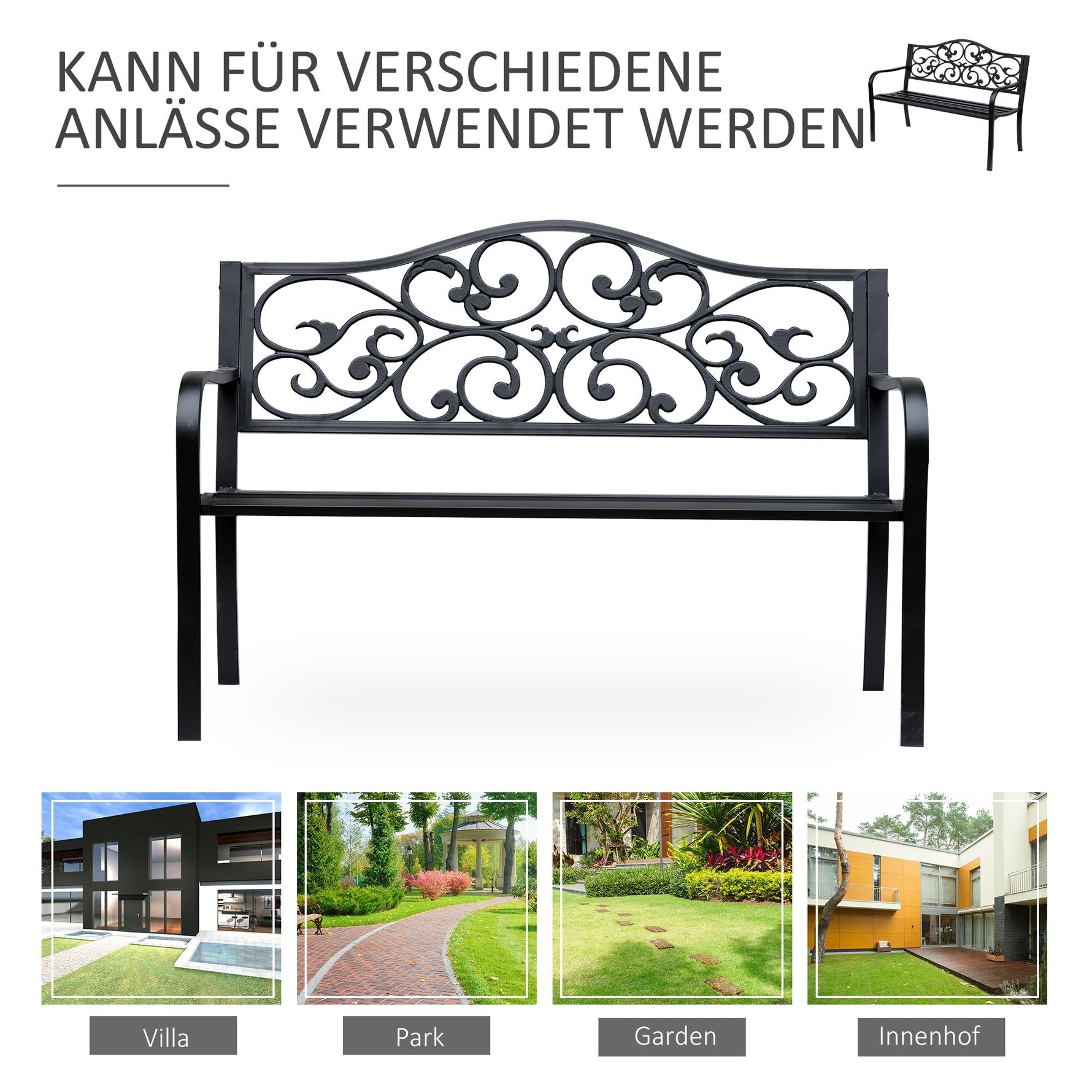 Garden Bench 3-Seater Steel with Cast Iron Armrests, Black