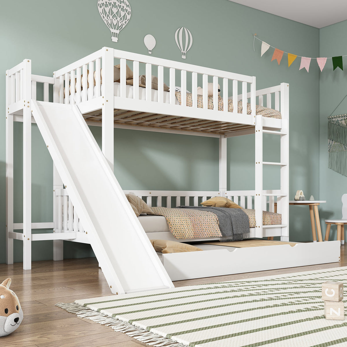Bunk Bed with Trundle, Slide & Shelves, Pine + MDF White