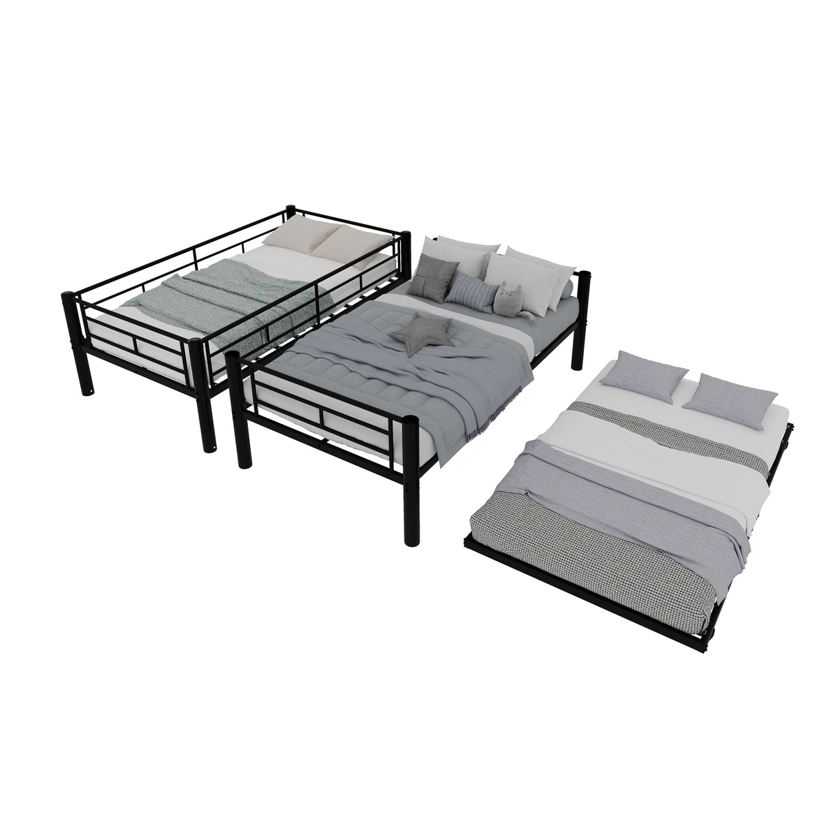 Modern Three-Tier Bed 90x190cm with Safety Railings, Metal
