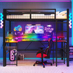 Loft Bed with Desk, LED Lights and Charging Ports, 90x200 cm, Black Iron