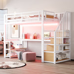 Metal Loft Bed with LED Light, Power Socket, Storage Ladder, Shelves and Desk, 90x200cm, White Metal