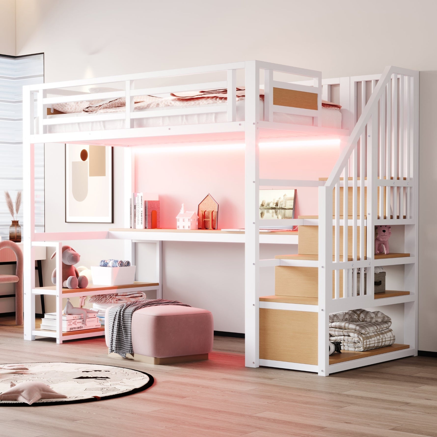 Metal Loft Bed with LED Light, Power Socket, Storage Ladder, Shelves and Desk, 90x200cm, White Metal
