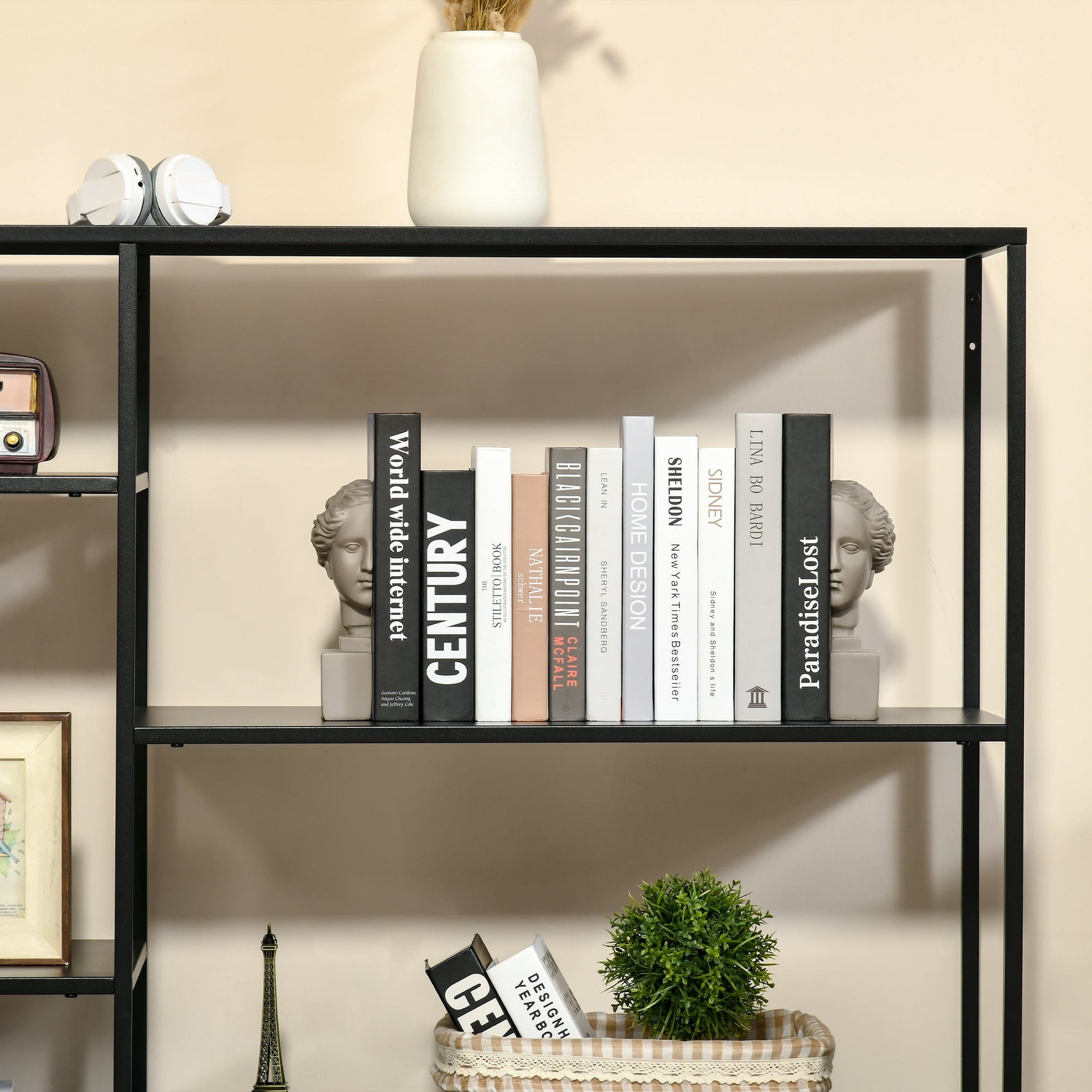 Freestanding Bookcase, 5 Open Compartments, Metal, Black