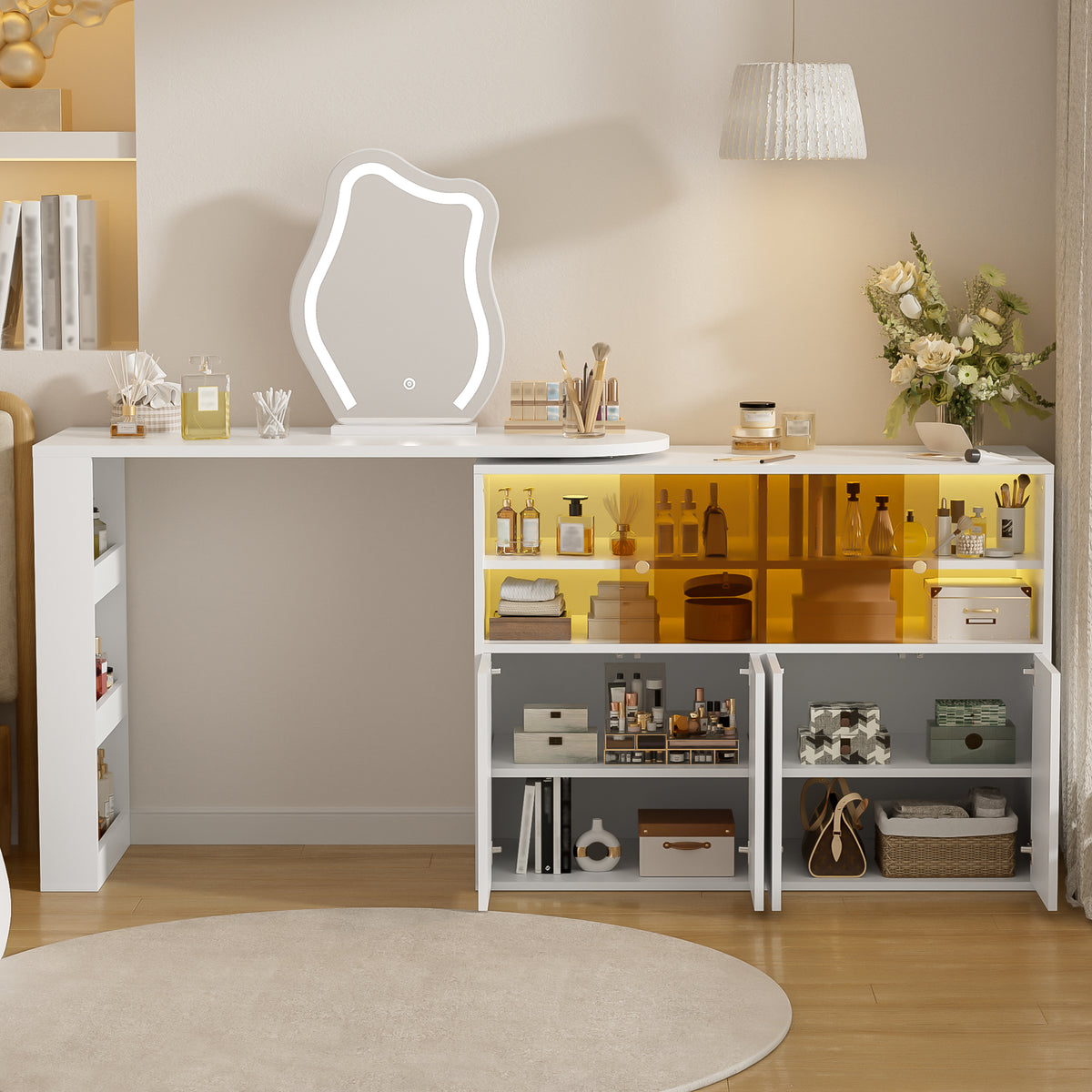 Rotating Vanity Table with LED Lighting & Storage, White